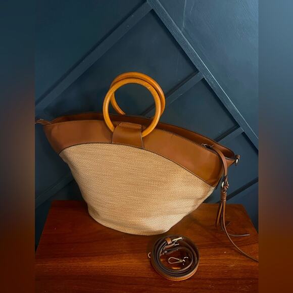 Lanidor Woven Satchel Purse w/ Leather Details Wood Top Handle Adjustabl… - Picture 5 of 9